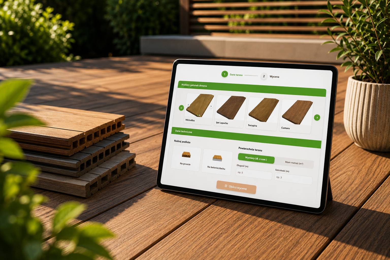 Kalkulator wyceny tarasu drewnianego Hardwood — wybór gatunku desek i wymiarów