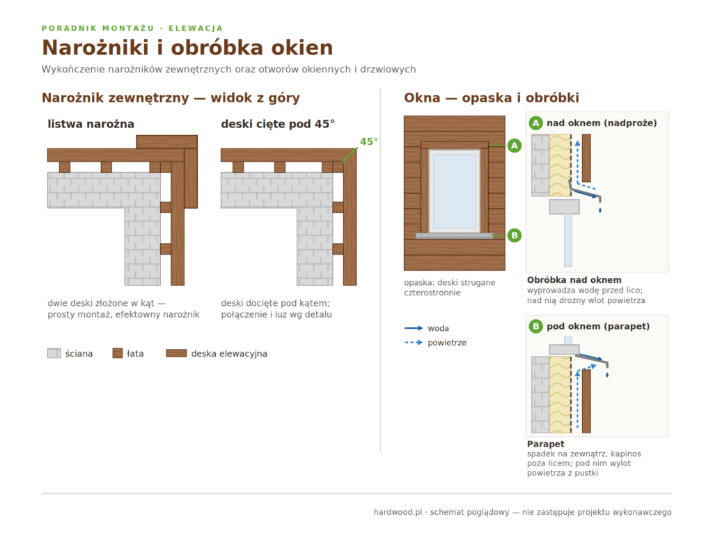 Wykończenie elewacji drewnianej: narożnik z listwą narożną i z desek ciętych pod 45°, opaska okienna z prostych desek oraz przekroje obróbki nad oknem i parapetu z odprowadzeniem wody i wentylacją.
